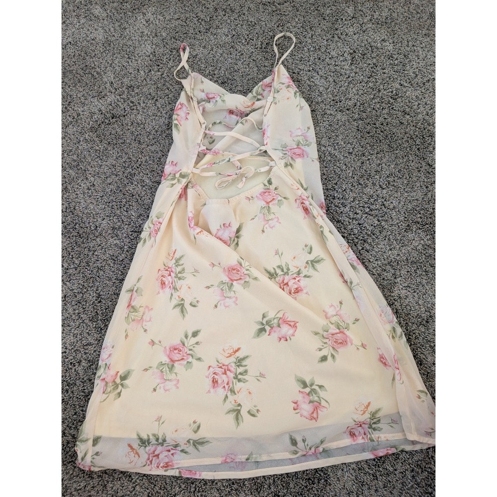 Floral Lace Up Cowl Back Chiffon Mini Dress Cream Pink Rose Print‎ Sleeveless